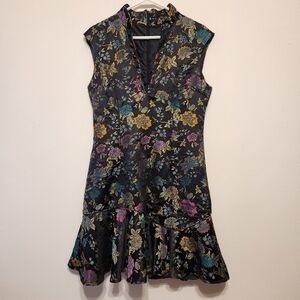 Moda International Black Mini Dress with Gold, Teal & Pink Floral Brocade